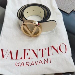 Valentino by Mario Cream Leather Belt with Gold V Buckle